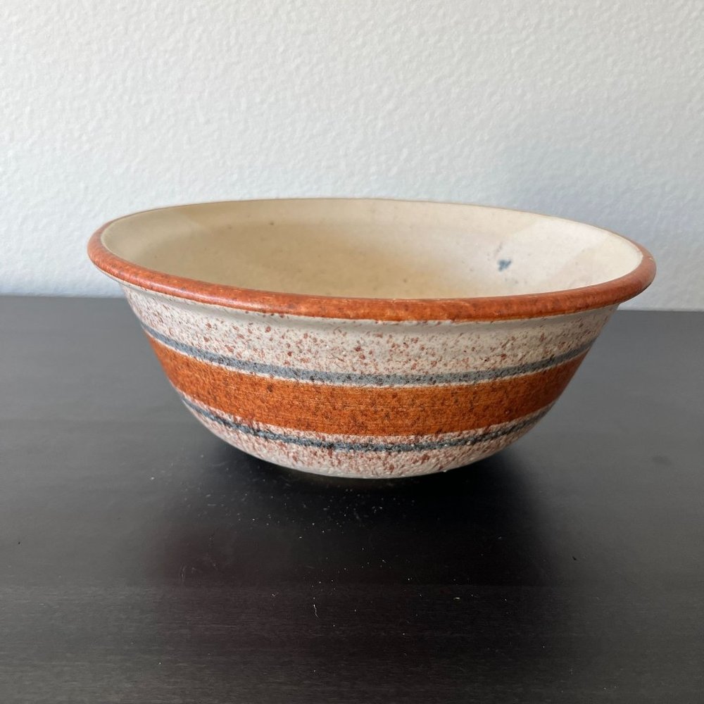 Westlin Studio Art Pottery 8" Bowl // Vintage 1980s Blue Rust Stripes Splatter